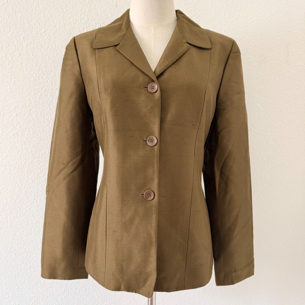 Vintage Ann Taylor Brown/Green 100% Silk Blazer Jacket Career Silent Luxury Sz 8
